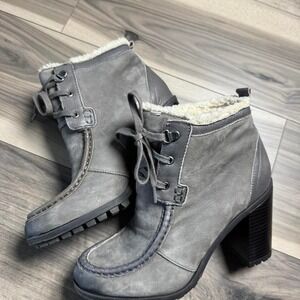 Gray suede ankle boots with faux fur lining and chunky heel